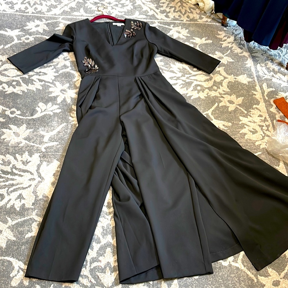 Kay Unger black jumpsuit with overlay jeweled decorations on bodice